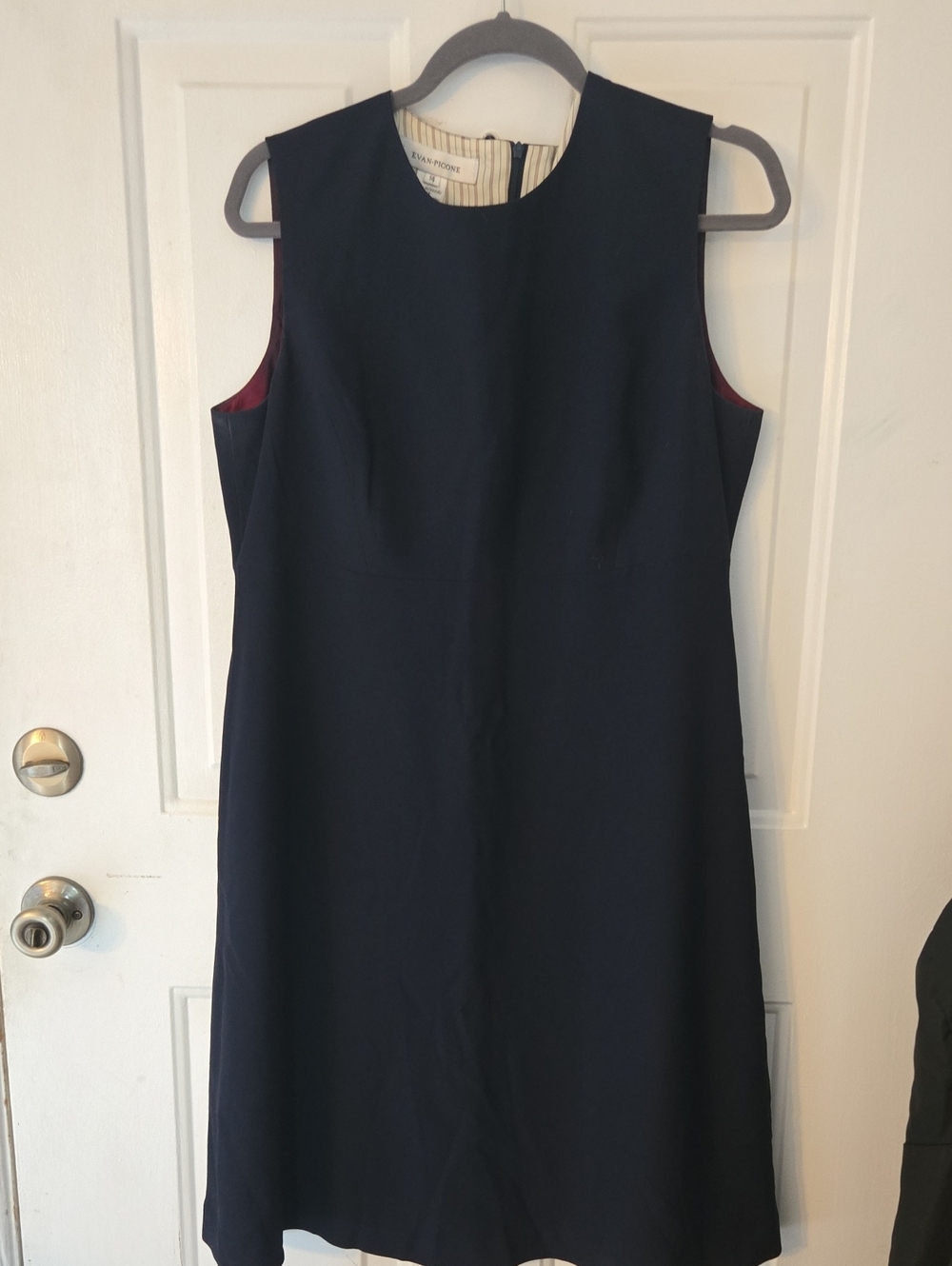 Evan-Picone Navy Sleeveless Midi Shift Dress with Burgundy Accents